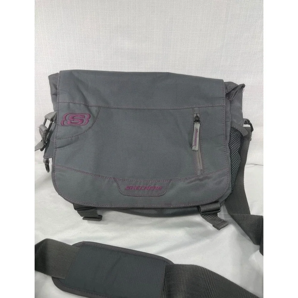 Skechers Messenger Bag Grey Purple Nylon Laptop Crossbody School Travel Bag